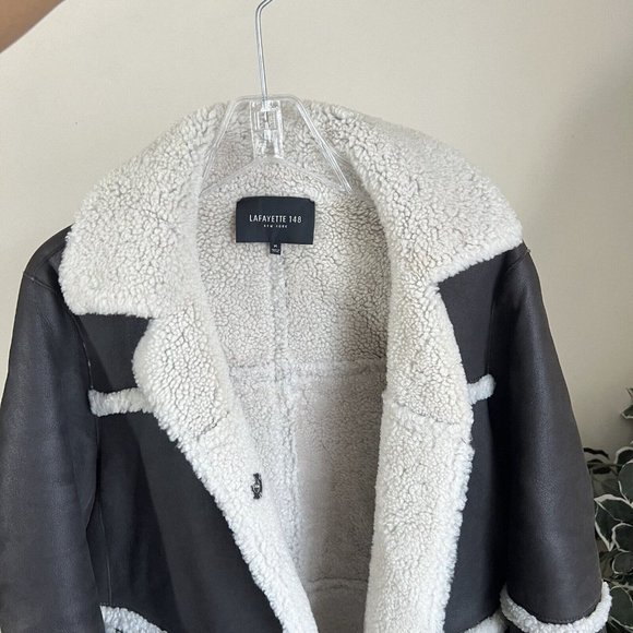 Lafayette 148 Dark Brown Sheep Shearling Lined Leather Coat Jacket Size Medium - Picture 7 of 11